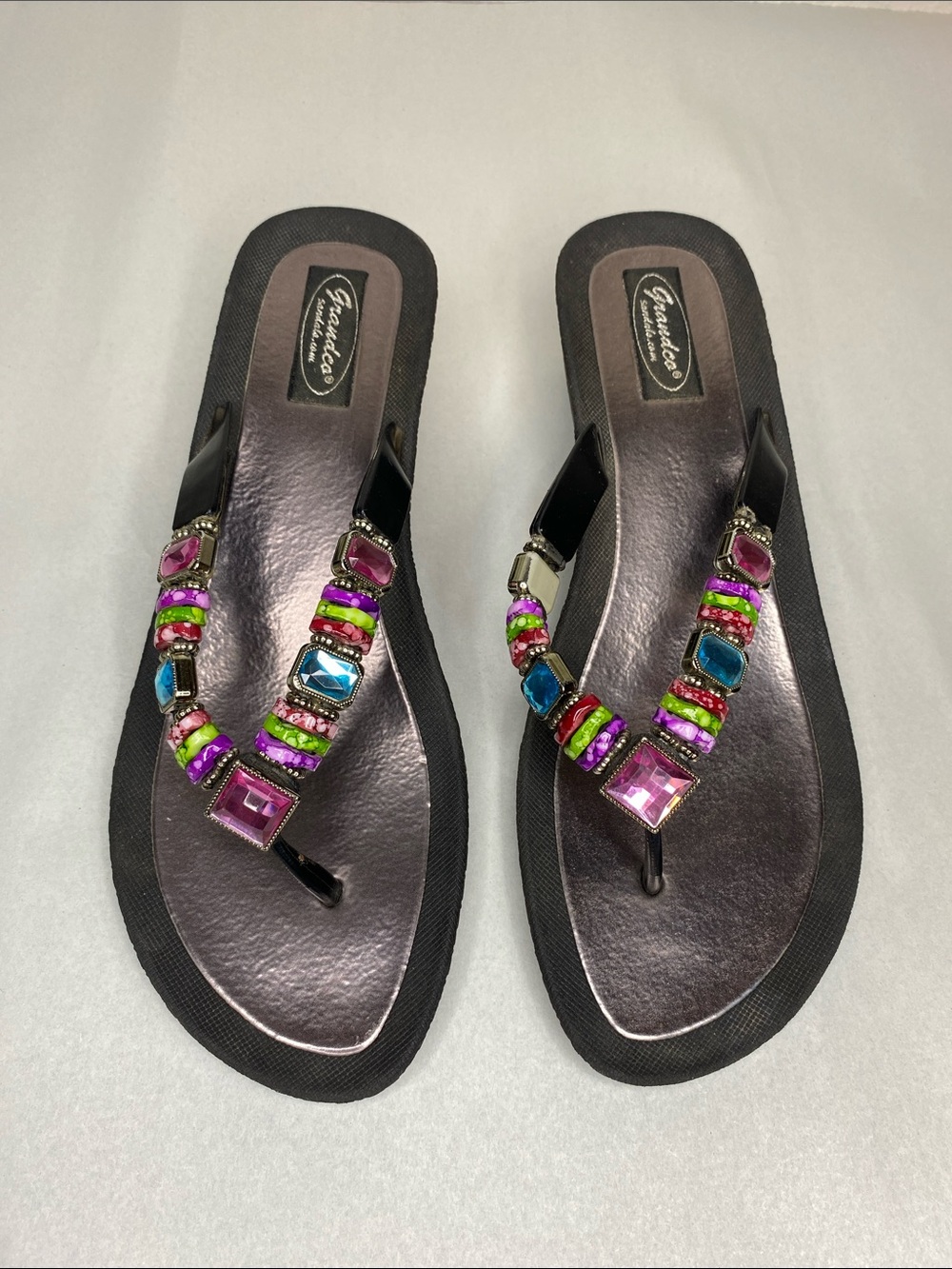Vintage Y2K Grandco Rhinestone Beaded Colorful Wedge Sandals Size 11